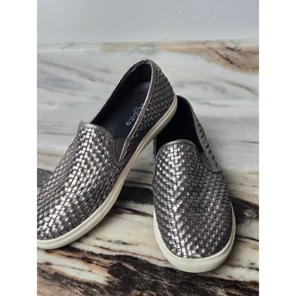 J/Slides NYC Metallic Silver Woven Slip On Sneaker Womens 9 Gunmetal Basketweave